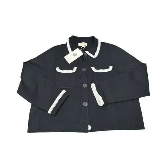 NWT Sézane Gilet Betty Wool Cardigan XXL Black Crochet Trim Button Front - Picture 8 of 10